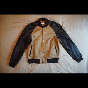 Club Monaco lamb leather and Bemberg twill lined jacket. Brown/black